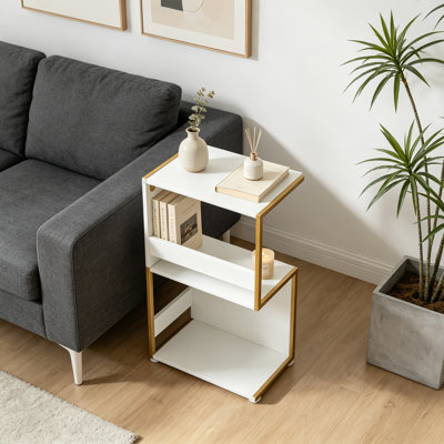 Table de bout étroite mince en forme de S pour les petits espaces, table d'appoint mince avec bibliothèque, table de chevet pour le salon, vestibule compact et rangement pour magazines et objets de collection