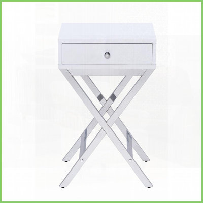 Blanc et peu encombrant Table basse chromée avec tiroir - Base en X moderne pour petits espaces
