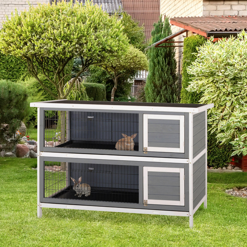 Maison pour petits animaux en bois avec cage verrouillable, bac à fuites et toit imperméable pour l'extérieur / intérieur gris foncé