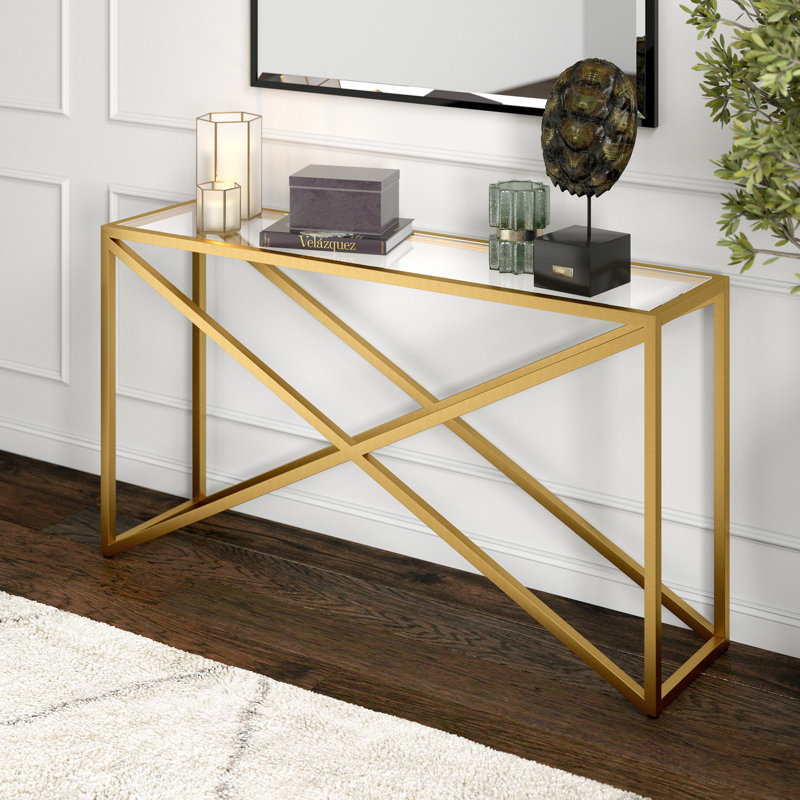 Calix Glass Top Console Table, Brass, 76 cm H x 139.7 cm W x 35.56 cm D