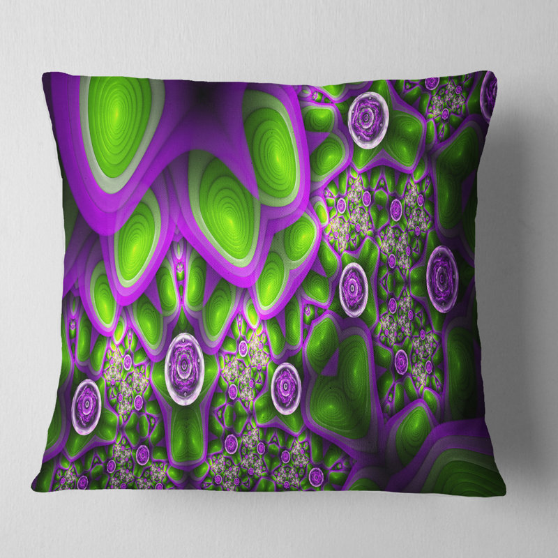 Motif exotique - Coussin imprimé abstrait, 18 po x 18 po, Vert / Mauve, Coussin décoratif