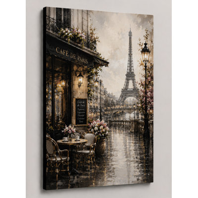 Grand Paris café par Tour Eiffel, impression sur toile 24 x 36 pouces, décor de rue romantique français, paysage urbain impressionniste, salon, salle à manger, décoration de maison - prêt à être accroché