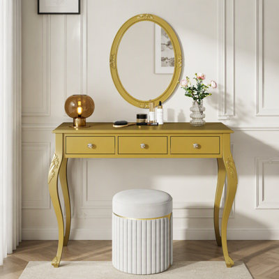 Luxury Makeup Vanity Desk with Oval Mirror, 3-Drawer Dressing Table for Jewelry Storage, Elegant Console Table for Entryway, Living Room & Bedroom, Stylish Home Decor, Gold