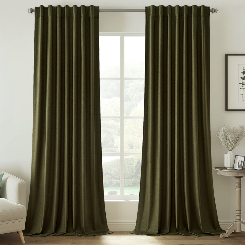 Dennan 100% Blackout Thermal Insulated Linen Drapes with Back Tab & Hooks, 52" W x 96" L, Olive Green