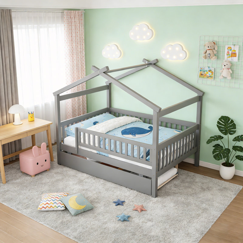 Full Size Wooden House Bed With Trundle, Gray, Full