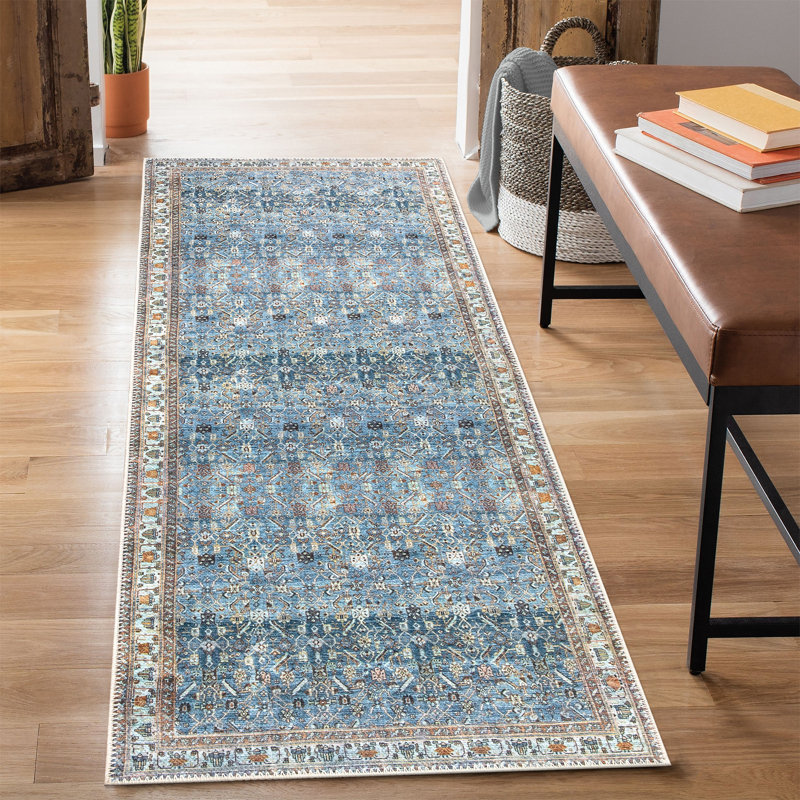 Machine Washable Area Rug - Blue / Beige Rug for Living Room, Bedroom, Dining Room, Kitchen - Ferri, Runner 2'6" x 7'