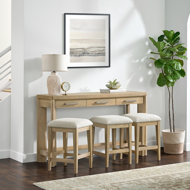 Console côtière avec 3 tabourets beiges et trois tiroirs Coastal