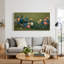 Tableau mural sur toile représentant un paon avec des fleurs bleues et roses sur fond vert-373380170