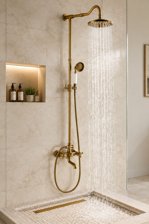 Brushed brass rainfall shower system with a handheld showerhead and tub spout installed in a tiled shower with a niche featuring bathroom accessories.