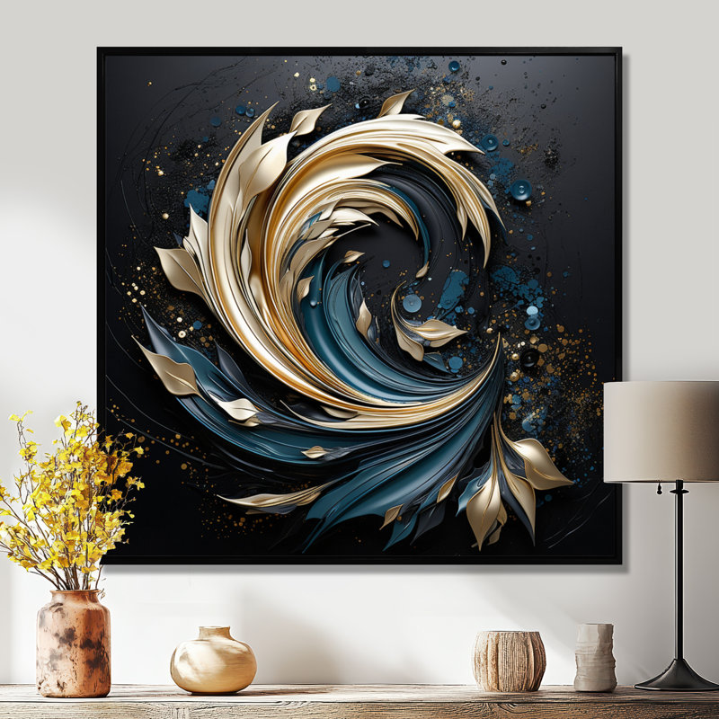 «Teal Spiral Leaves - Botanicals», art mural, Toile avec cadre flottant noir, H 16 po x l 16 po x P 1 po