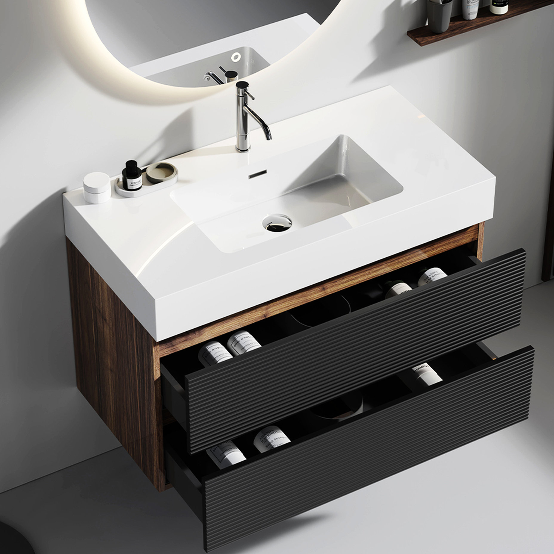 Latitude Run® Modern Grace Walnut Bathroom Drawer Unit - 36" Wall ...