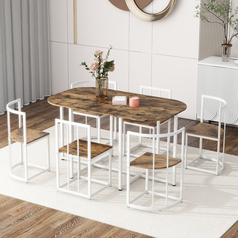 Modern 7-Piece Dining Table Set With Faux Marble Compact 55Inch Kitchen Table Set For 6, White+Cherry