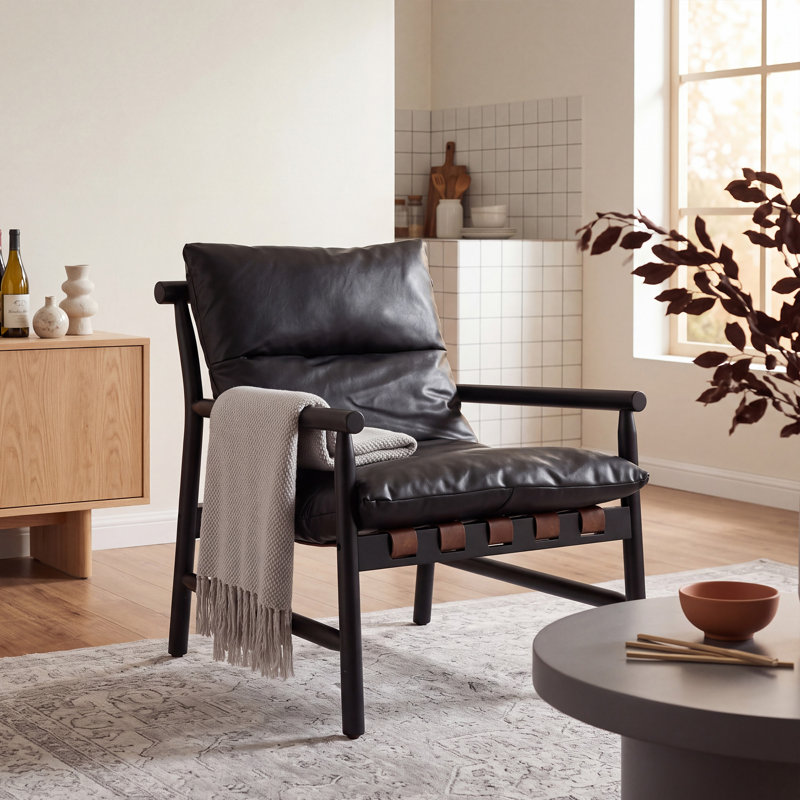 25.5" Wide Faux Leather Armchair Accent Chair with Soild Wood Framed, Black, Black Faux Leather
