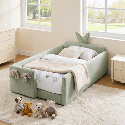 Upholstered Platform Bed With Cute Rabbit Ear Shaped Headboard, Safety Rail, And Pocket, Boucle Fabric