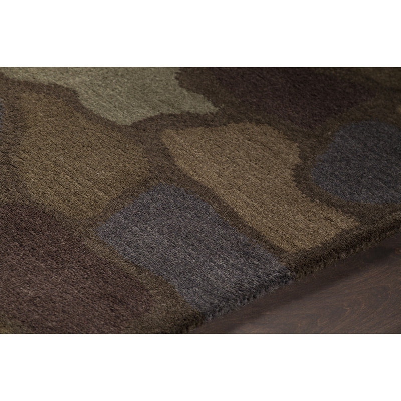 Tapis mosaïque rustique moderne en laine touffeté à la main brun, vert, mauve, doré, brun clair et bleu Bartz