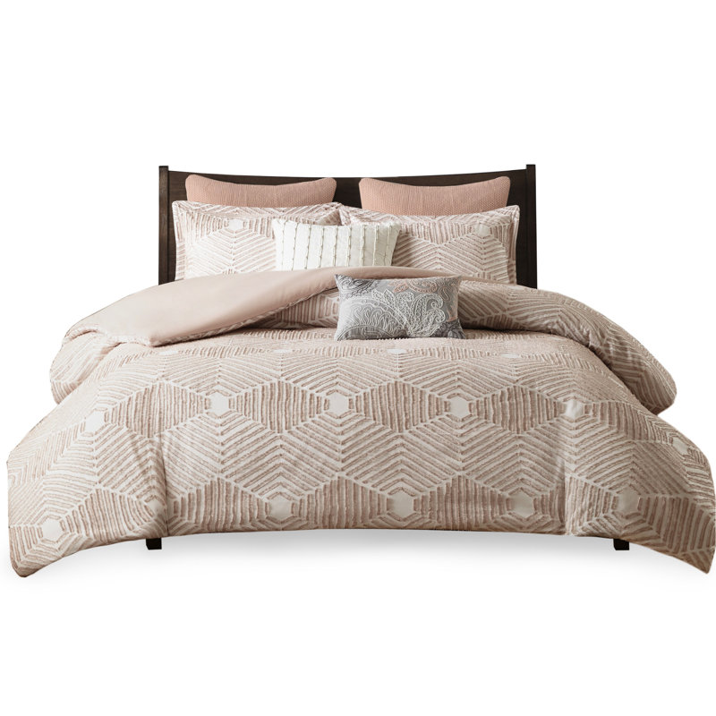 Cotton Comforter Blush - Solid Reverse & Fabric Geometric Hidden Bartacking Shabby Chic,  Full Comforter + 2 Shams