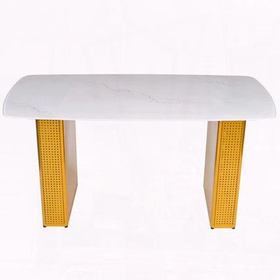 Rectangular Tempered Glass Table – Marble Pattern with Gold Dual-Pedestal Base, Seats 6-8