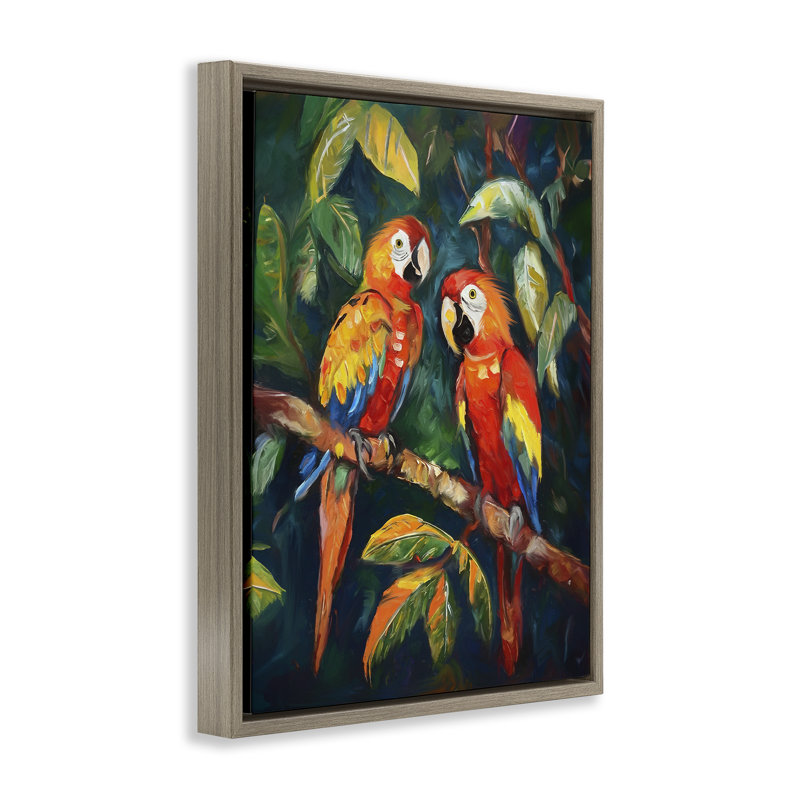 «Perroquet paire sur branche» par Ramona Murdock, H 31 po x l 25 po x P 1,7 po, Cadre flottant orme Montalcino
