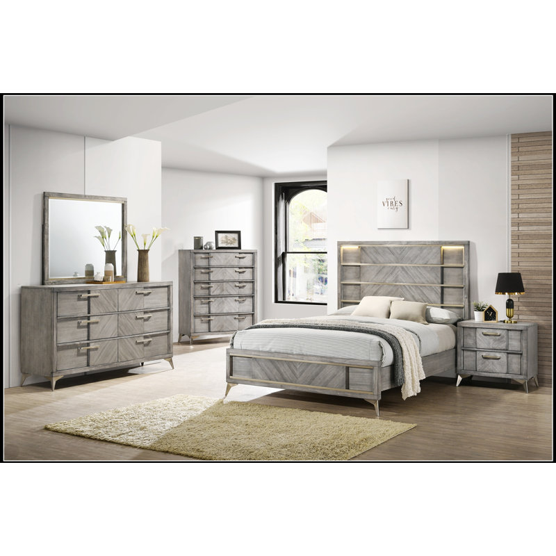 Commode élégante à 5 tiroirs avec placages assortis gris pour un rangement élégant et fonctionnel dans la chambre à coucher