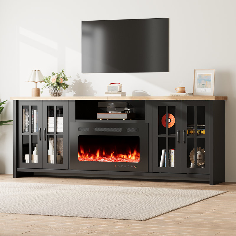 78" Fireplace Tv Stand With Electric Fireplace For Tvs Up To 90", Farmhouse Tv Stand With Large Storage Space, Led Lights & Adjustable Shelves, Entertainment Center For Living Room