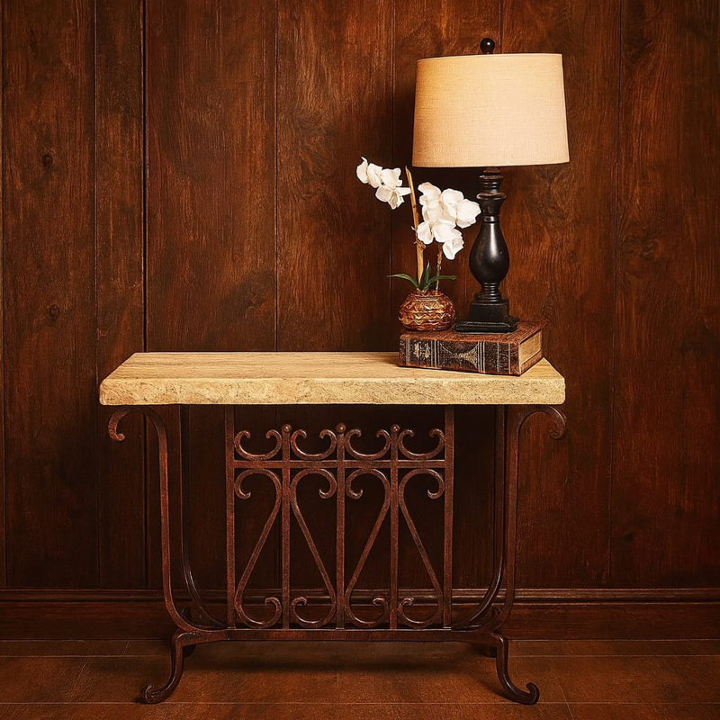 Cream Chiseled Travertine Console Table With Hand-forged Wrought Iron Base | 1213ft Cch