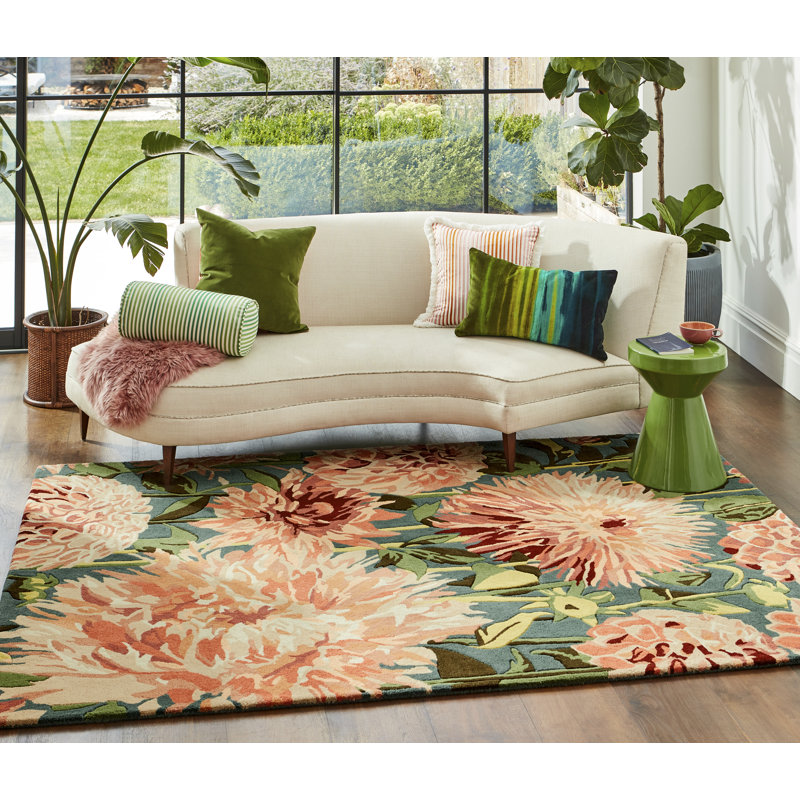 Wool Floral Area Rug in Green/Blue/Light Orange, Rectangle 4'7" x 6'7"