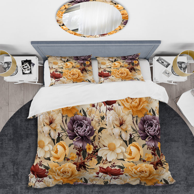 Ensemble de housse de couette beige et mauve Cottage Flowers Composition II, Housse de couette pour très grand lit et 2 très