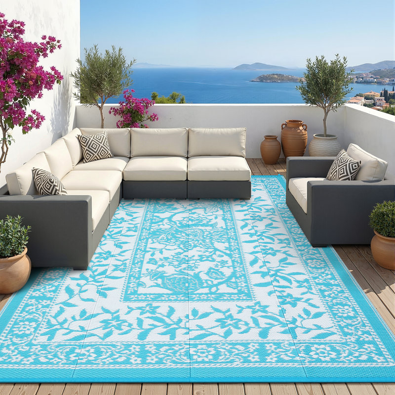 Reversible Outdoor Rug 8x10ft, Blue/White - Waterproof & UV Resistant Plastic Straw Mat, Easy Clean, Portable Carpet for Patio, Garden, Camping, Beach - USA Spec
