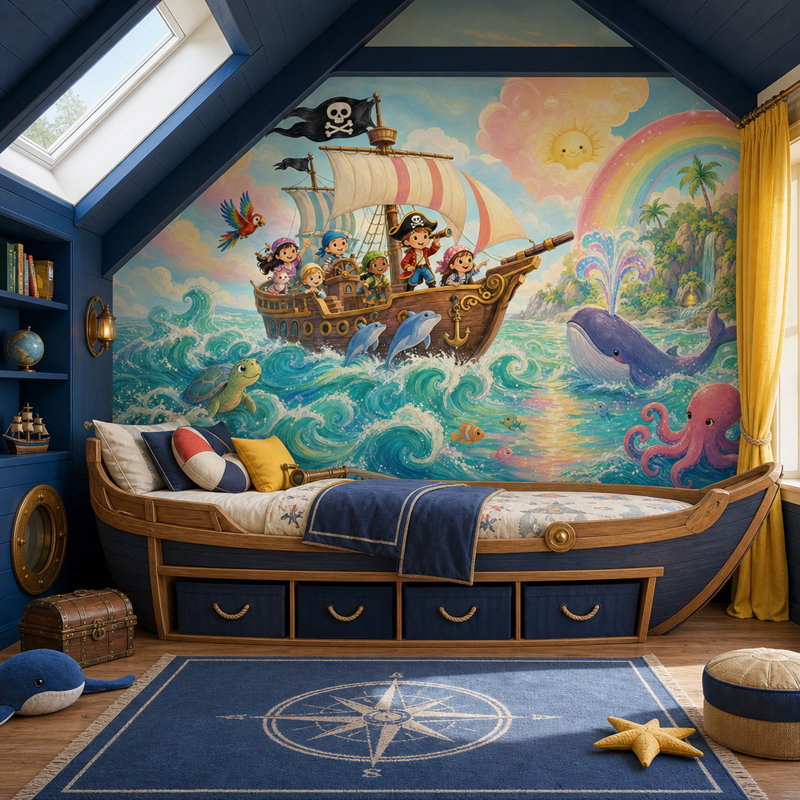 Papier peint bateau pirate Kids Adventure, 100 po x 96 po, Texturé non collé