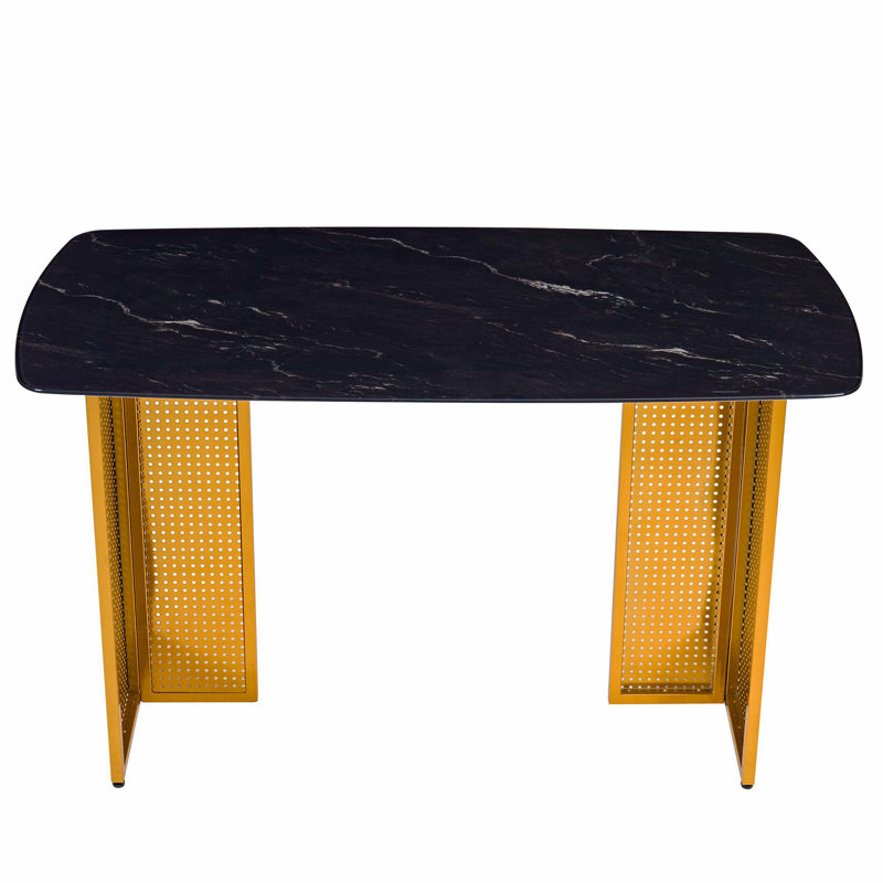 Table de salle à manger rectangulaire moderne en verre trempé pour 6 personnes avec pieds dorés en métal, idéale pour le salon et le bureau