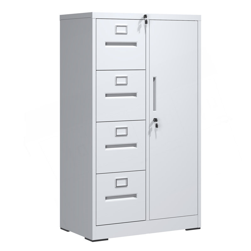 Durable Metal Storage Vertical Filing Cabinet with Lock, 4 Drawers and 1 Door for Versatile Use in Home and Office, White