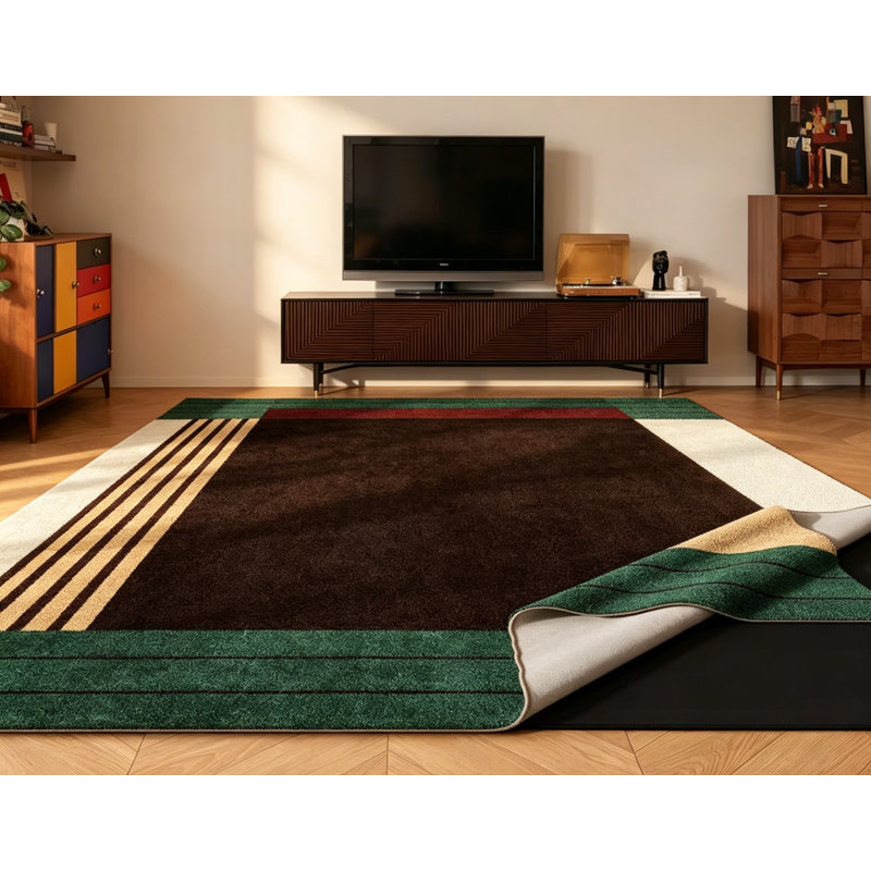 Double-Layer Removable Faux Wool Area Rug with Geometric Stripes, Modern Luxury Coffee Brown and Emerald Green Floor Mat for Living Room