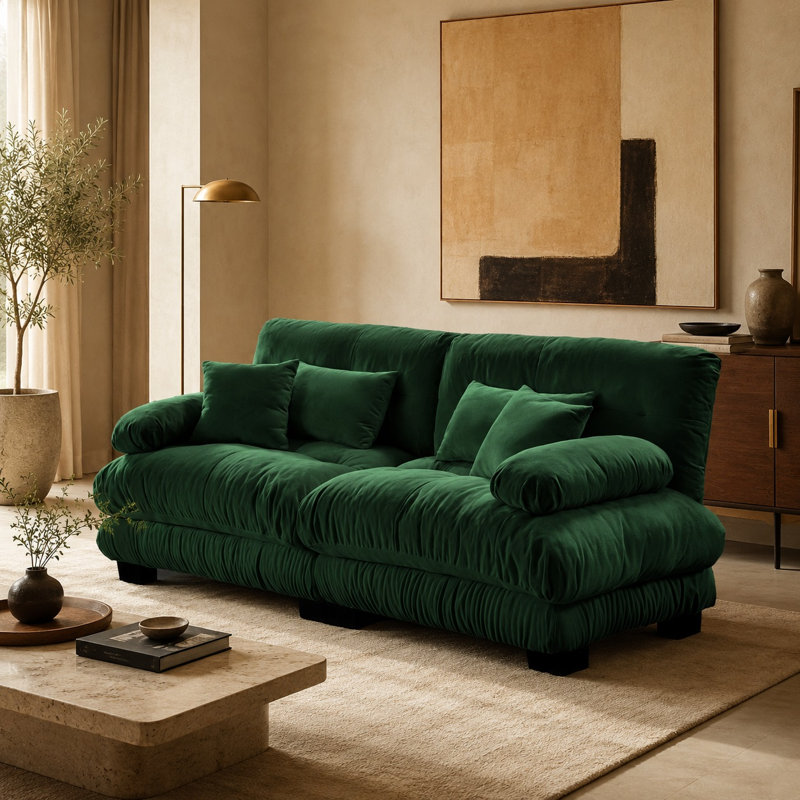 Canapé 2 places en chenille verte moelleuse avec sièges et coussins profonds et moelleux pour salon, 2 Seat