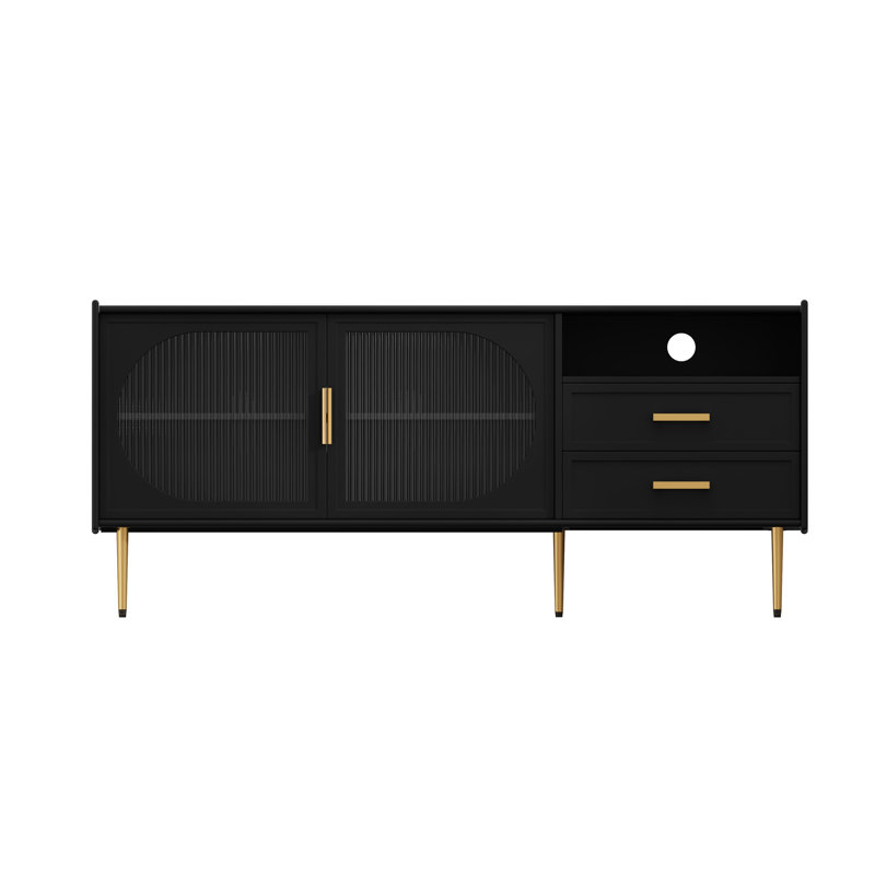 60-in Glass Door TV Stand with Drawers, Black