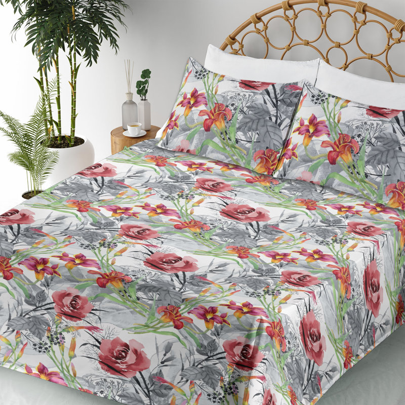 Ambesonne Watercolor Botany Sheet Set 4 Pcs Retro Boho Bloom, Pale Ruby Fern Green Dust Floral