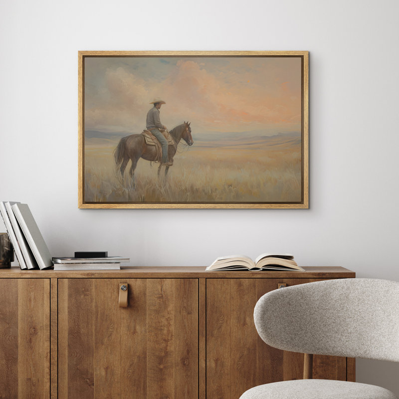 «Western Cowboy Riding Horse In The Field», impression sur toile encadrée pour chambre à coucher, H 24 po x l 36 po, Naturel