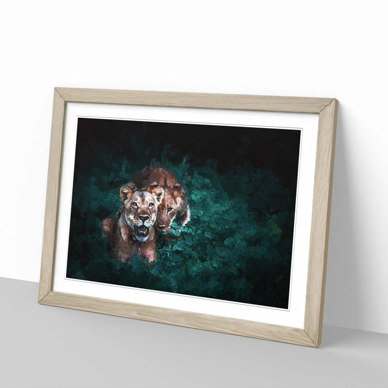 Two Lions in the Shadows - Picture Frame Painting Print, Oak Framed, 48cm H x 65cm W x 2cm D