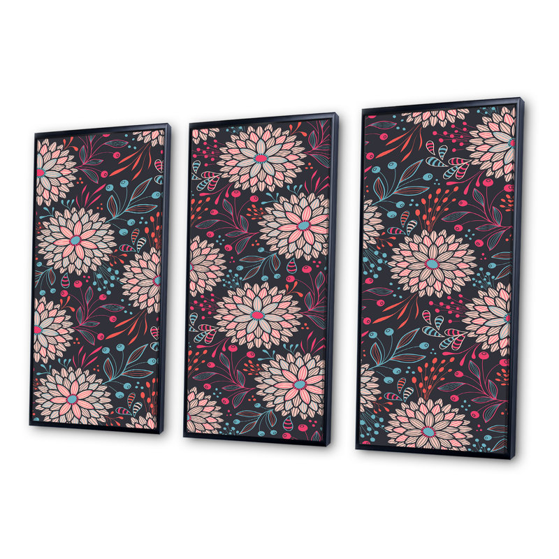 Fleurs abstraites roses - ensemble de 3 reproductions d'art encadrées sur toile, H 28 po x l 36 po x P 1 po, Cadre noir