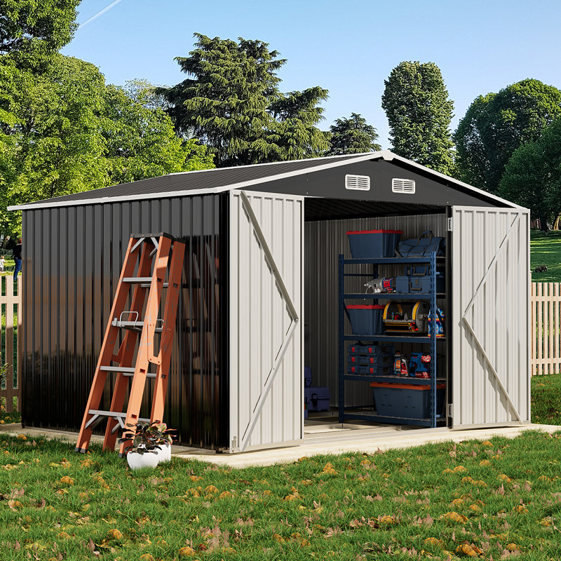 10 ft. W x 8 ft. D Metal Storage Shed with Metal Base Frame Kit, Black, 10' W x 8' D