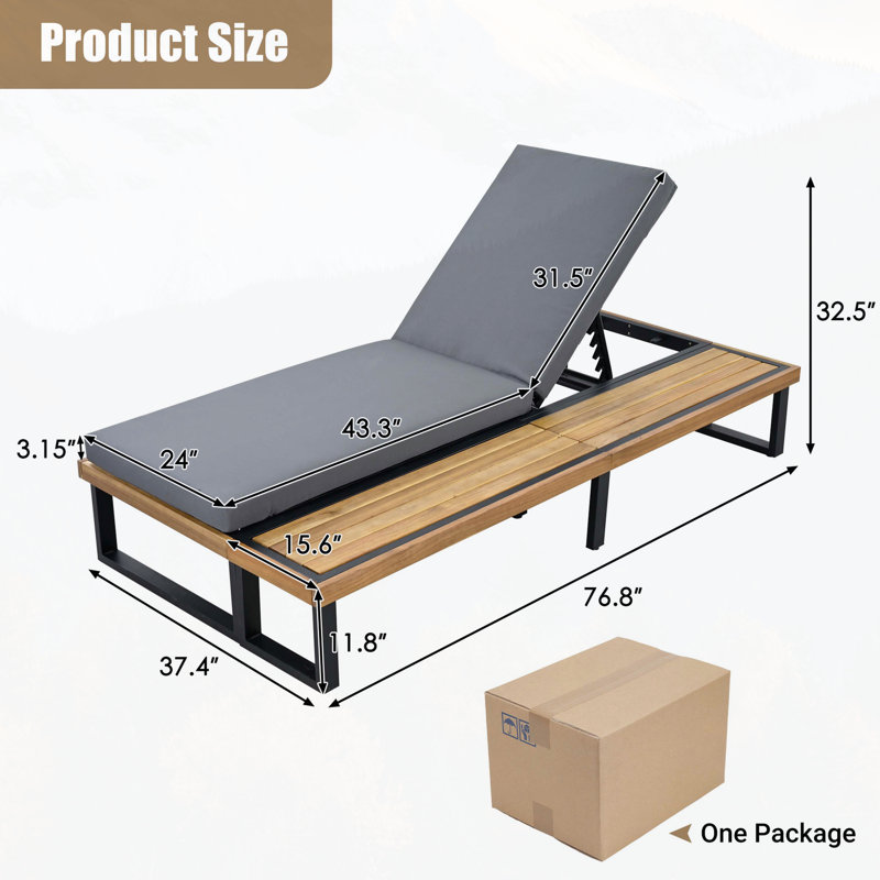 Outdoor Chaise Lounge Chair Set of 2 with 5-Position Adjustable Backrest , Reclinings with Cushions, Patio Loungers with Wood Side Table, Sturdy Frame for Poolside, Garden, and Backyard