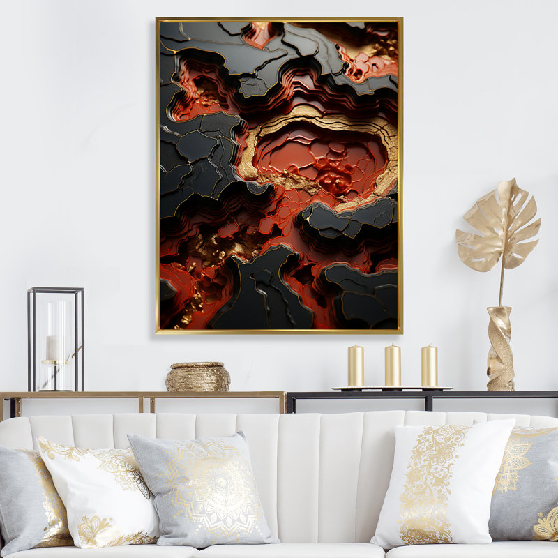 Pierre volcanique noire et rouge, Cadre flottant doré, H 32 po x l 24 po x P 1 po