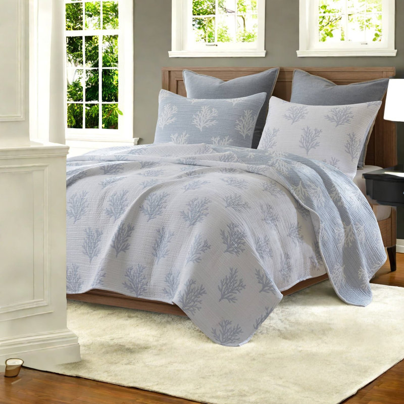 Ensembles de literie réversibles pour lit double et queen, couette bleue en mélange de coton pour la maison