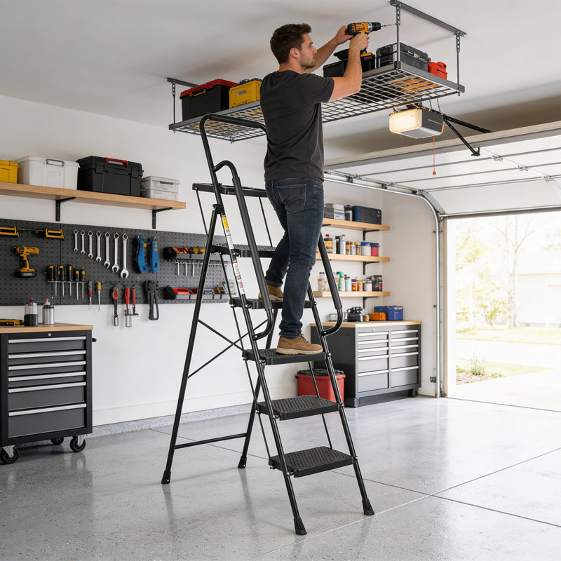 Escabeau à 5 marches avec rampes, capacité de 363 kg (800 lb), certifié ANSI, pliable, avec large pédale antidérapante, en acier léger, portable et pliable pour la cuisine, le garage et le bureau, noir.