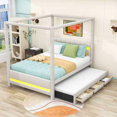3 Drawers Upholstered Canopy Platform Bed with Pull-Out Trundle and Integrated Lighting