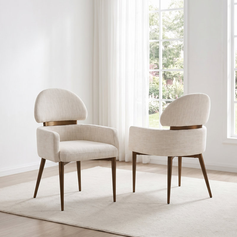 Ensemble de 6 chaises de salle à manger blanches en tissu avec accoudoirs et dossier haut semi-circulaire, Ensemble de 6