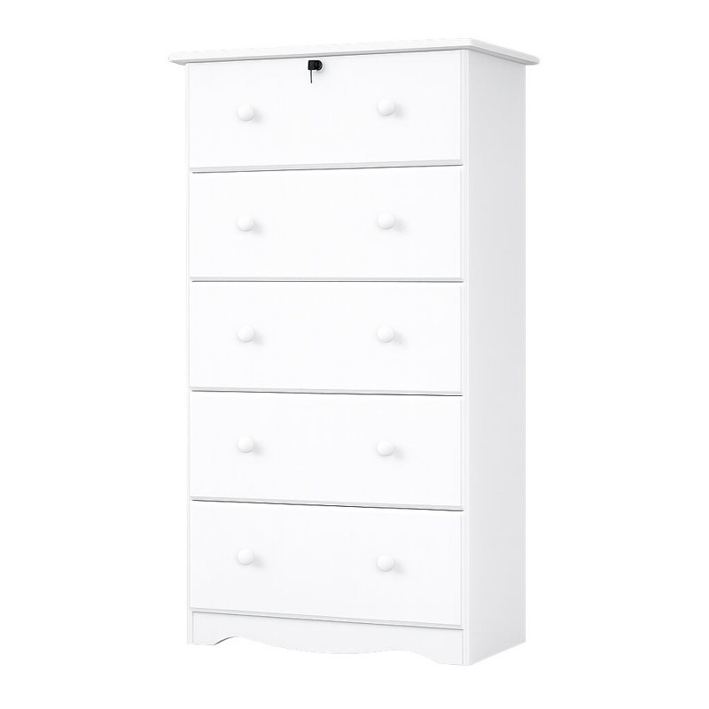 Gallashaw 100% Solid Wood 5-Jumbo Drawer Chest with Lock, White