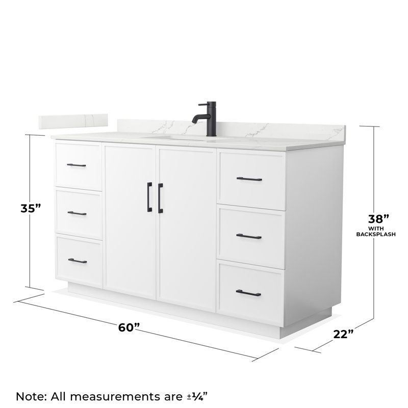Elan TK 60" Freestanding Single Bathroom Vanity with Quartz Top, White, Giotto Quartz, Matte Black