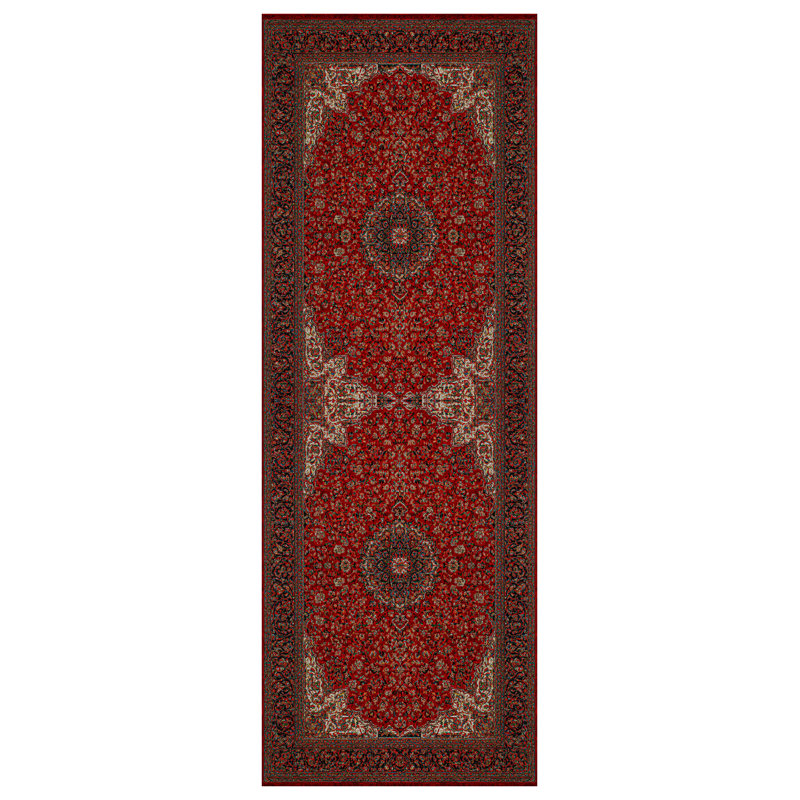 Guria Red Oriental Vintage Look Machine Printed Cotton Chenille Area Rug, Square 3'4"