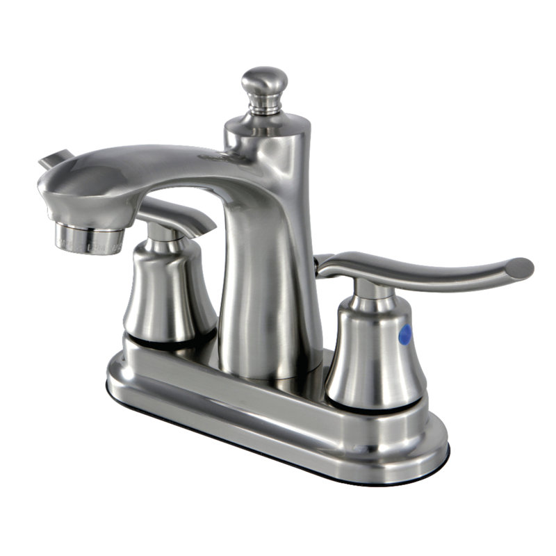 Kingston Brass Jamestown Two-Handle 3-Hole Deck Mount 4" Centerset Bathroom Faucet with Plastic Pop-Up, Brushed Nickel