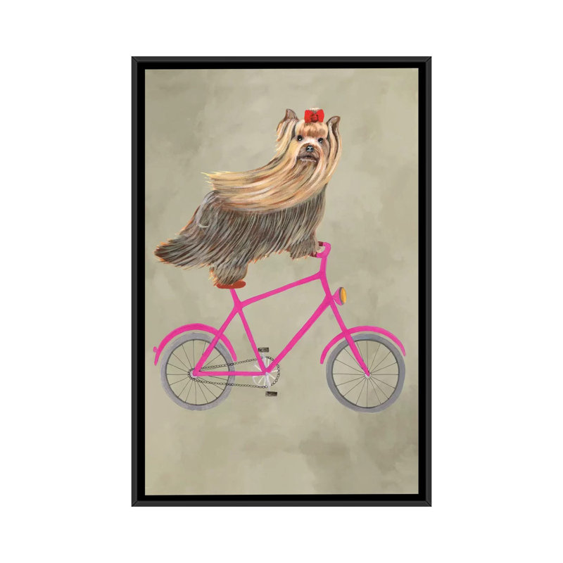 «Yorkshire on Bicycle», reproduction d'art sur toile, H 26 po x l 18 po x P 1,5 po, Toile avec cadre noir, Pas de tapis